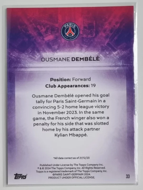 2023-24 Topps Paris Saint-Germain Team Set #33 Light Up Ousmane Dembele – Image 2