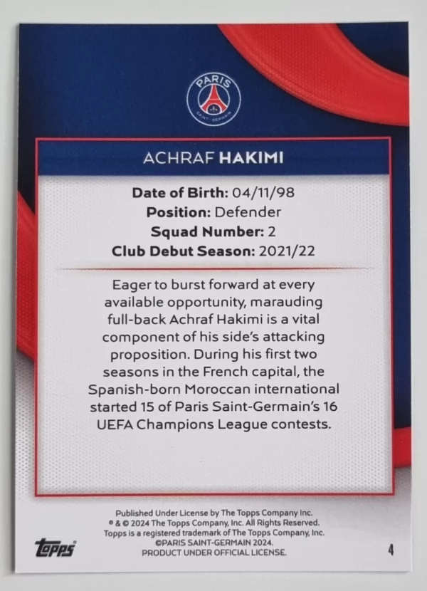 2023-24 Topps Paris Saint-Germain Team Set #4 Achraf Hakimi – Image 2