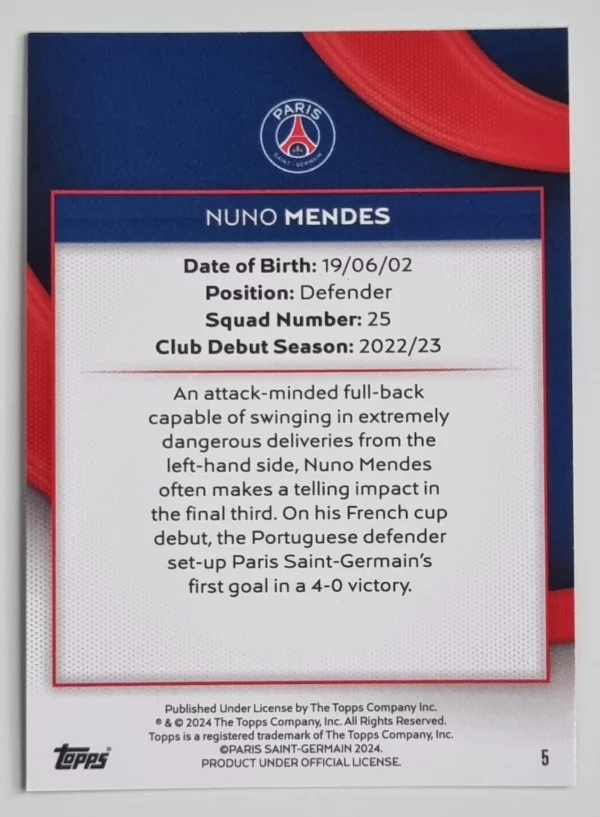 2023-24 Topps Paris Saint-Germain Team Set #5 Nuno Mendes – Image 2