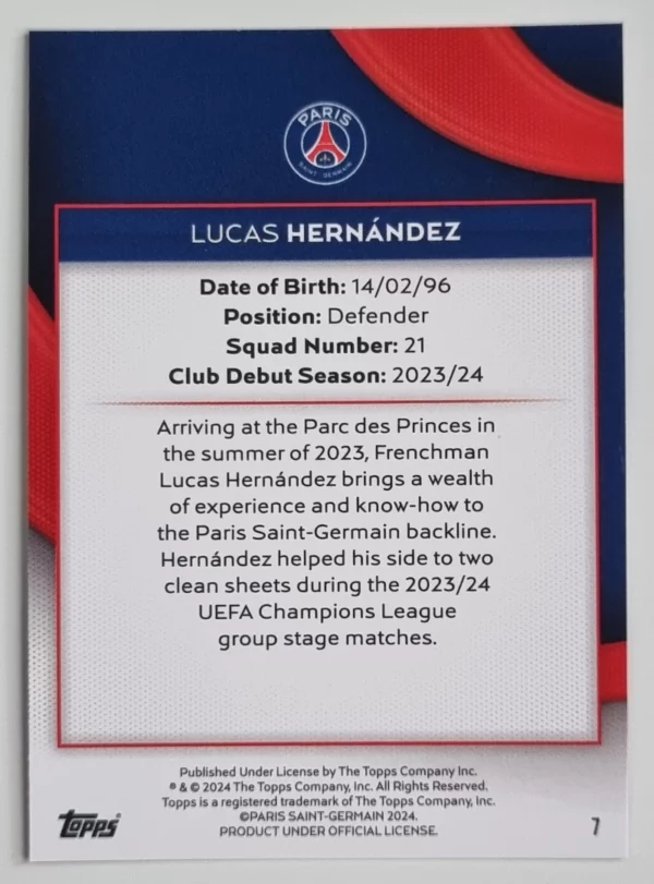2023-24 Topps Paris Saint-Germain Team Set #7 Lucas Hernandez – Image 2