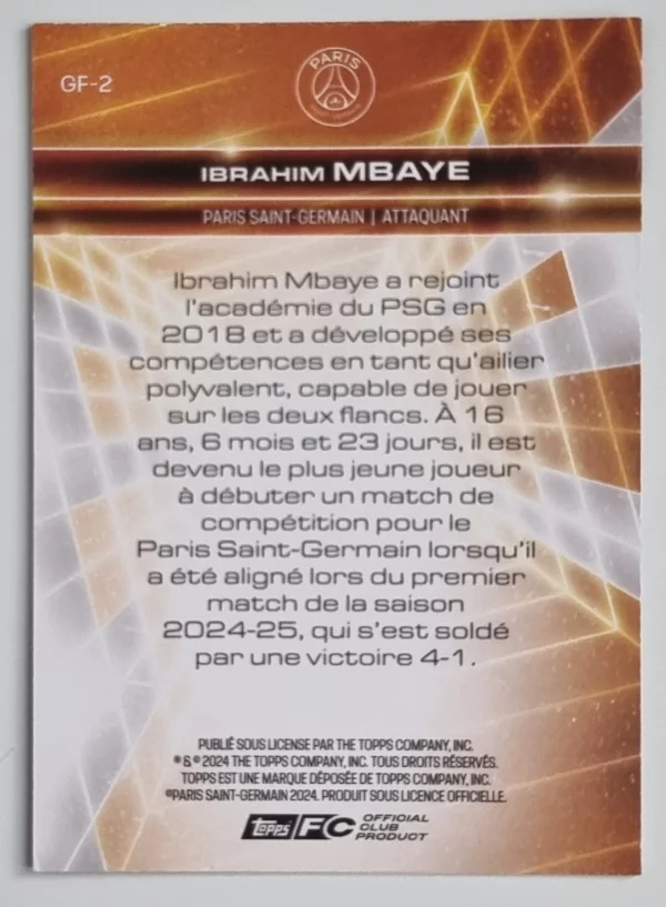 2024-25 Topps Paris Saint-Germain Fan Set Golden Future #GF2 Ibrahim Mbaye – Image 2
