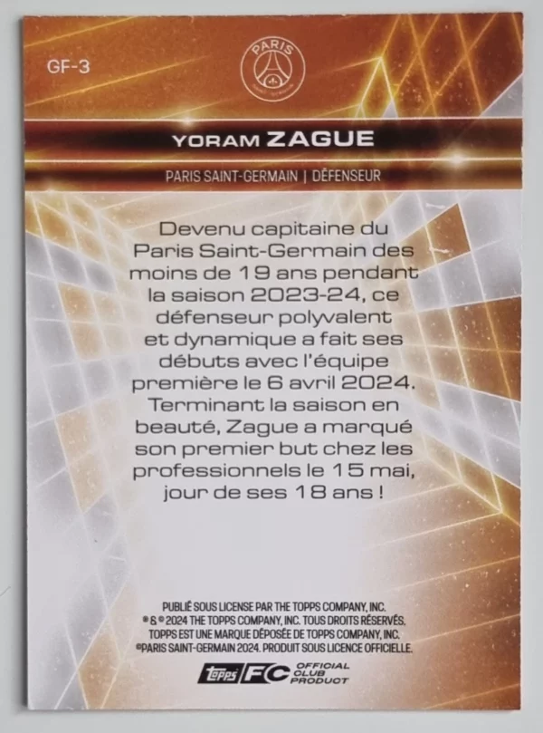 2024-25 Topps Paris Saint-Germain Fan Set Golden Future #GF3 Yoram Zague – Image 2