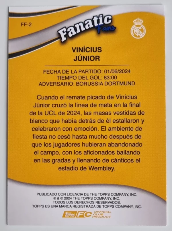 2024-25 Topps Real Madrid CF Fan Set Fanatic Fans #FF2 Vinicius Junior – Image 2