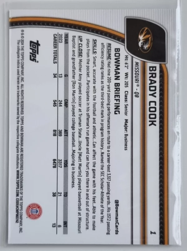 2024 Bowman Chrome University #1 Brady Cook – Image 2