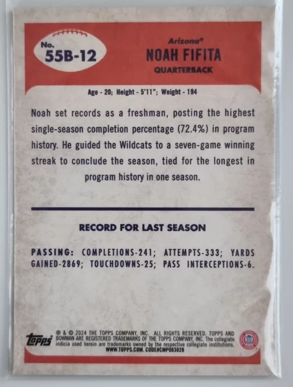 2024 Bowman Chrome University '55 Bowman #55B12 Noah Fifita – Image 2