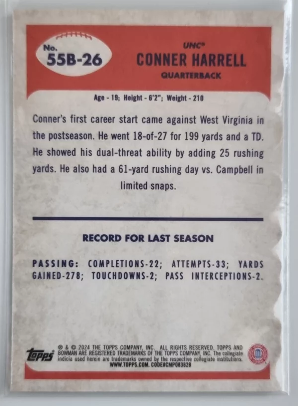 2024 Bowman Chrome University '55 Bowman #55B26 Conner Harrell – Image 2