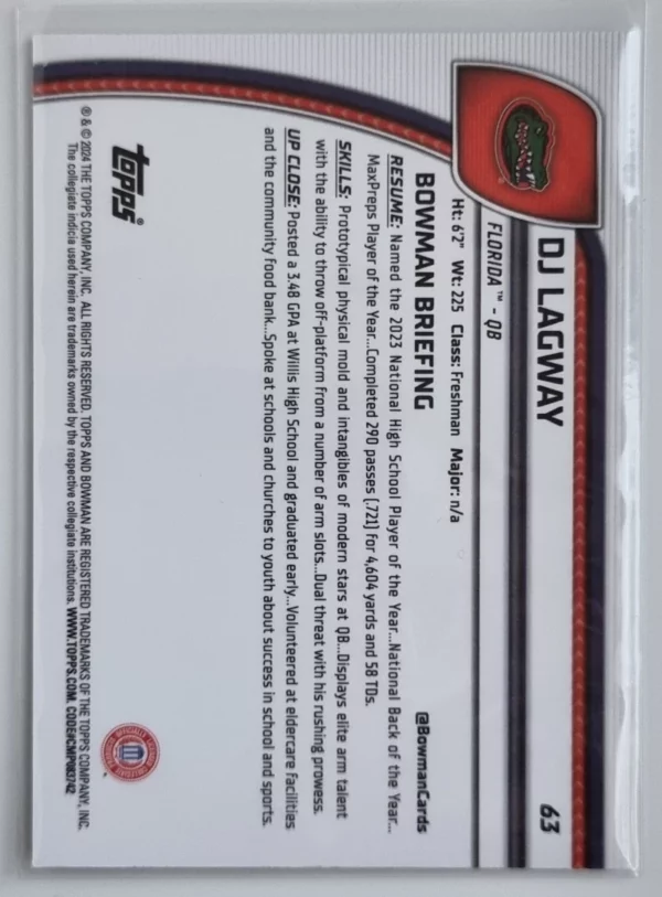 2024 Bowman Chrome University #63 DJ Lagway – Image 2