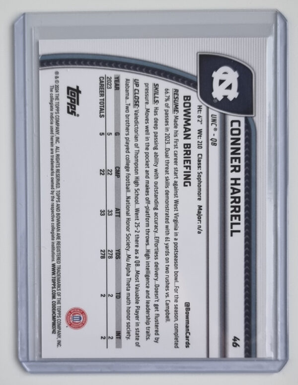 2024 Bowman Chrome University Blue Refractors #46 Conner Harrell – Image 2