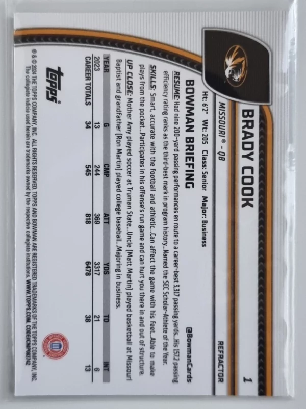 2024 Bowman Chrome University Refractors #1 Brady Cook – Image 2