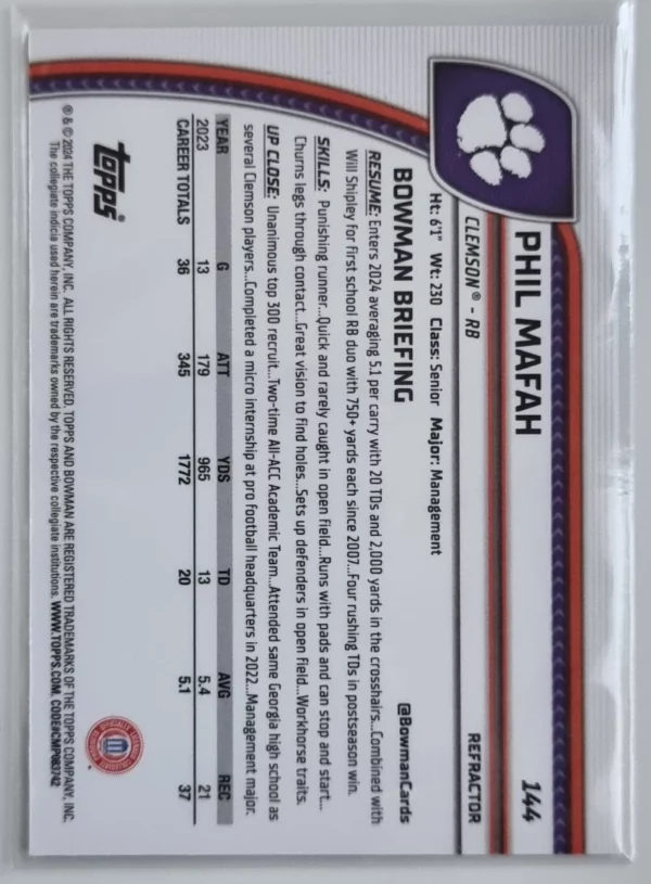 2024 Bowman Chrome University Refractors #144 Phil Mafah – Image 2
