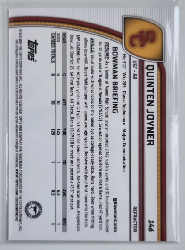 2024 Bowman Chrome University Refractors #146 Quinten Joyner – Image 2