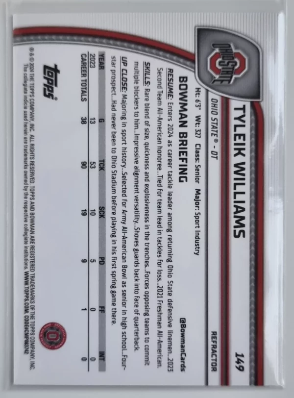 2024 Bowman Chrome University Refractors #149 Tyleik Williams – Image 2