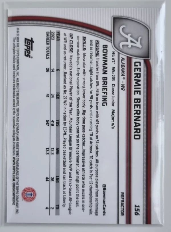 2024 Bowman Chrome University Refractors #156 Germie Bernard – Image 2