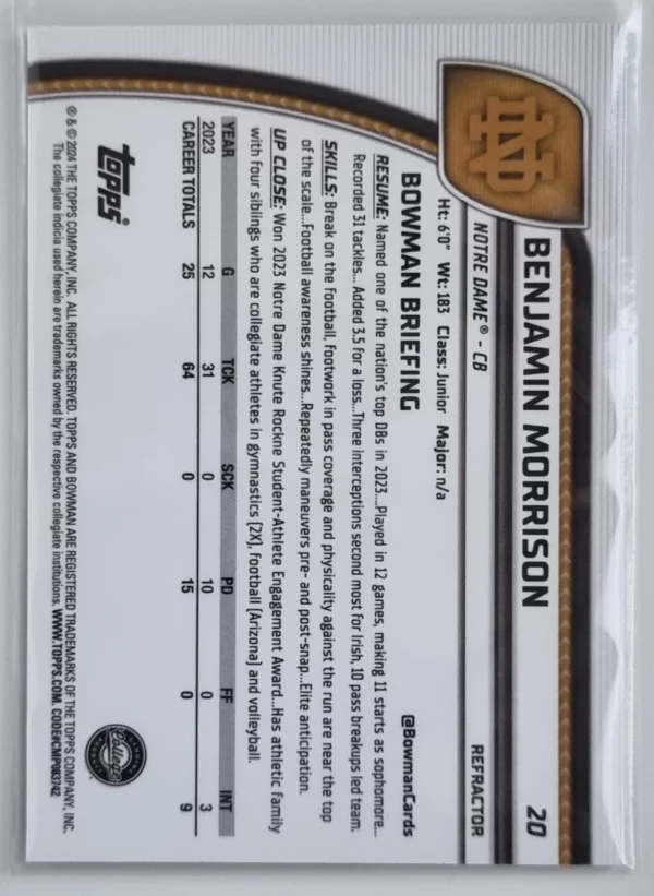 2024 Bowman Chrome University Refractors #20 Benjamin Morrison – Image 2
