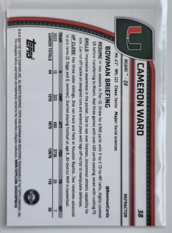 2024 Bowman Chrome University Refractors #38 Cameron Ward – Image 2