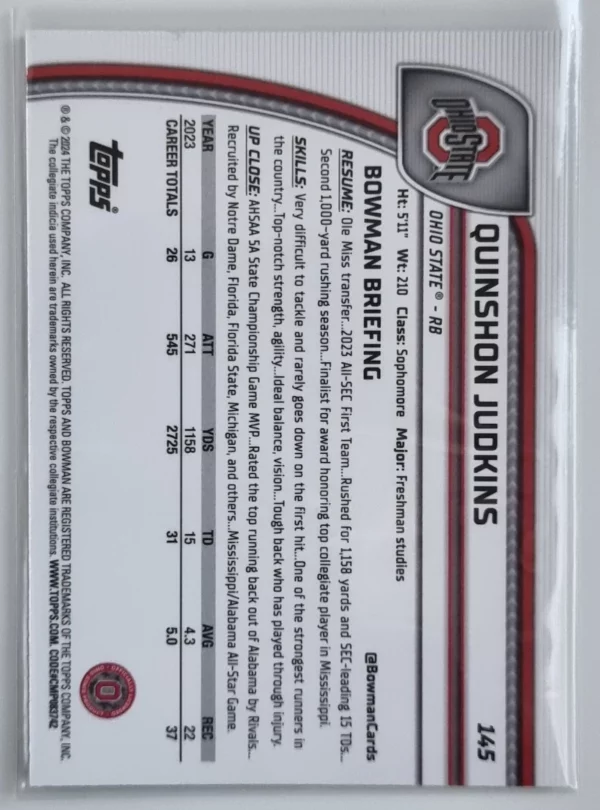 2024 Bowman Chrome University X-Fractors #145 Quinshon Judkins – Image 2