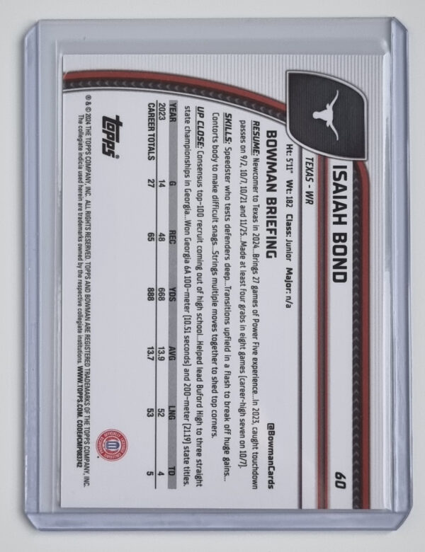 2024 Bowman Chrome University Yellow Refractors #60 Isaiah Bond – Image 2