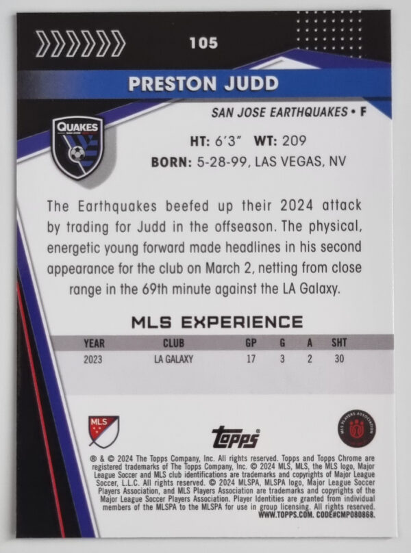 2024 Topps Chrome MLS #105 Preston Judd – Image 2