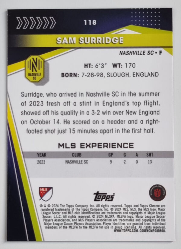 2024 Topps Chrome MLS #118 Sam Surridge – Image 2