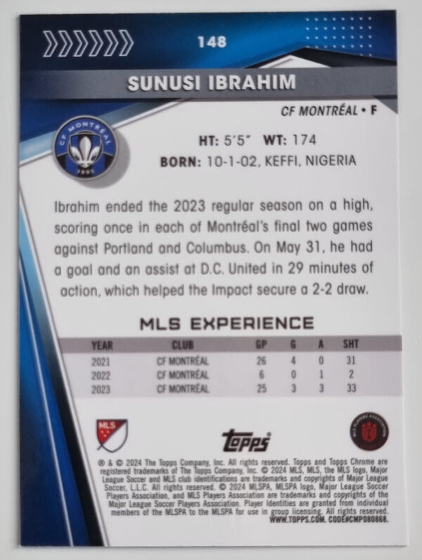 2024 Topps Chrome MLS #148 Sunusi Ibrahim – Image 2