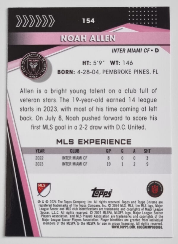 2024 Topps Chrome MLS #154 Noah Allen – Image 2