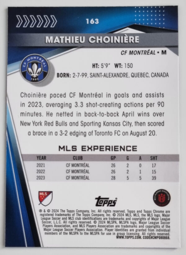2024 Topps Chrome MLS #163 Mathieu Choiniere – Image 2