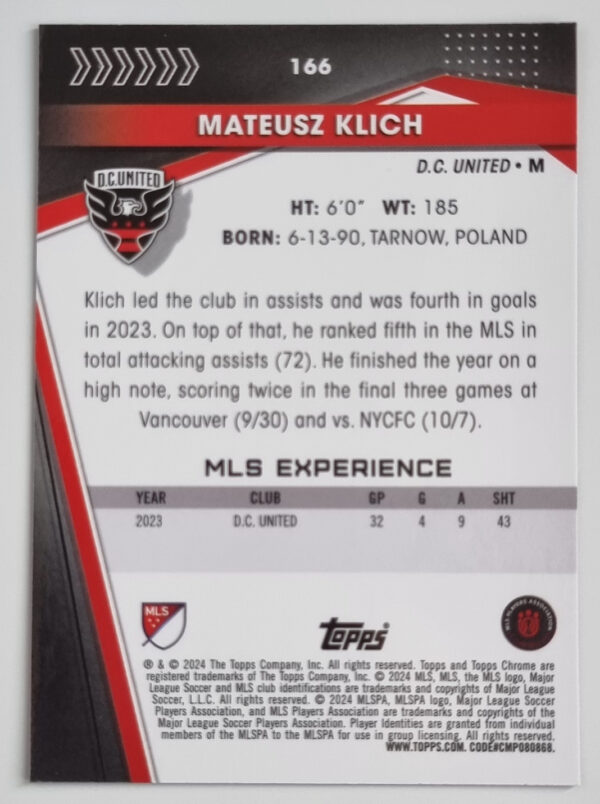 2024 Topps Chrome MLS #166 Mateusz Klich – Image 2