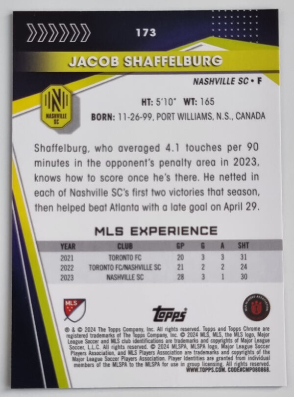 2024 Topps Chrome MLS #173 Jacob Shaffelburg – Image 2