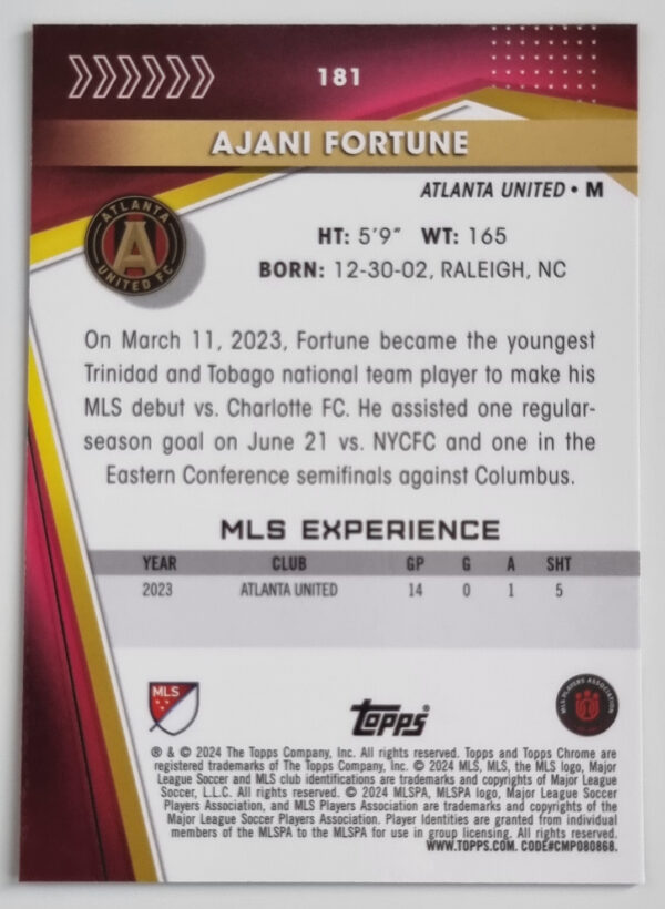 2024 Topps Chrome MLS #181 Ajani Fortune – Image 2