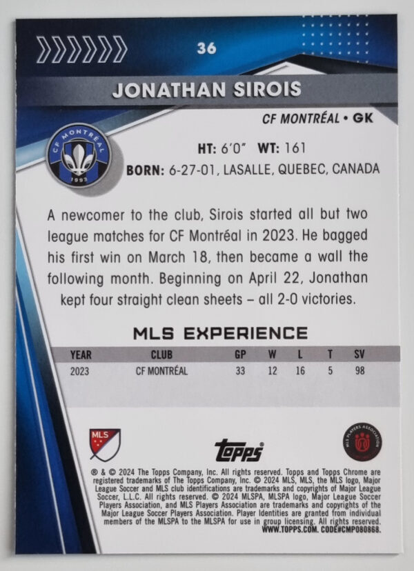 2024 Topps Chrome MLS #36 Jonathan Sirois – Image 2