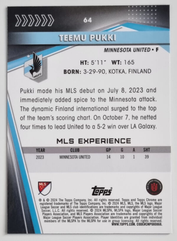 2024 Topps Chrome MLS #64 Teemu Pukki – Image 2
