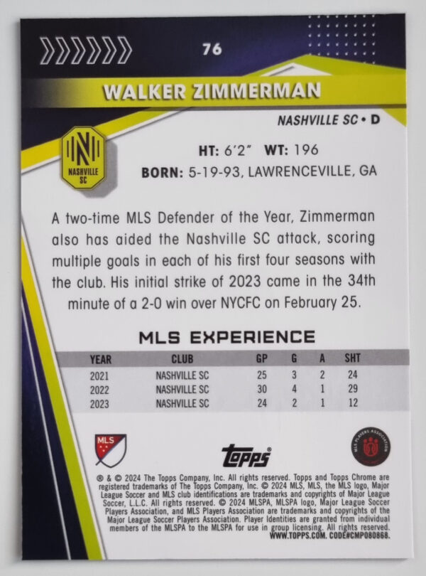 2024 Topps Chrome MLS #76 Walker Zimmerman – Image 2