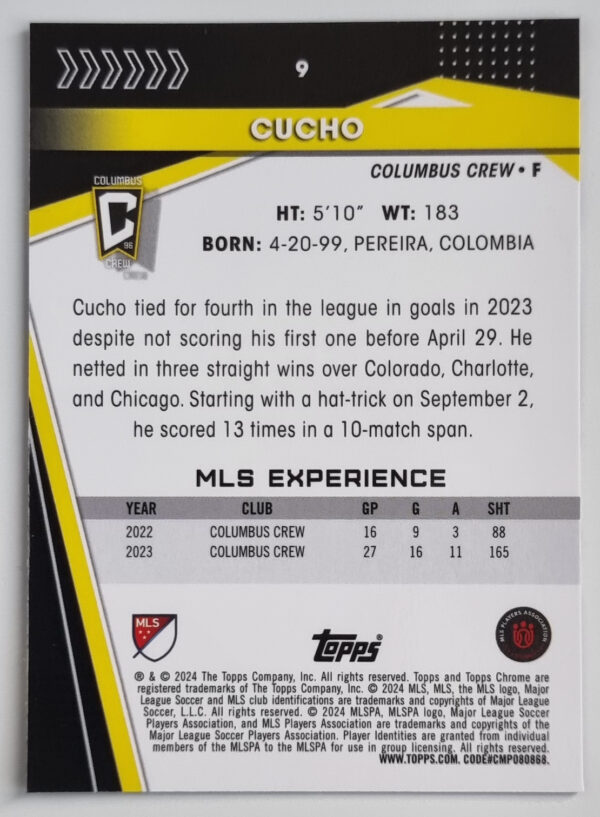 2024 Topps Chrome MLS #9 Cucho – Image 2