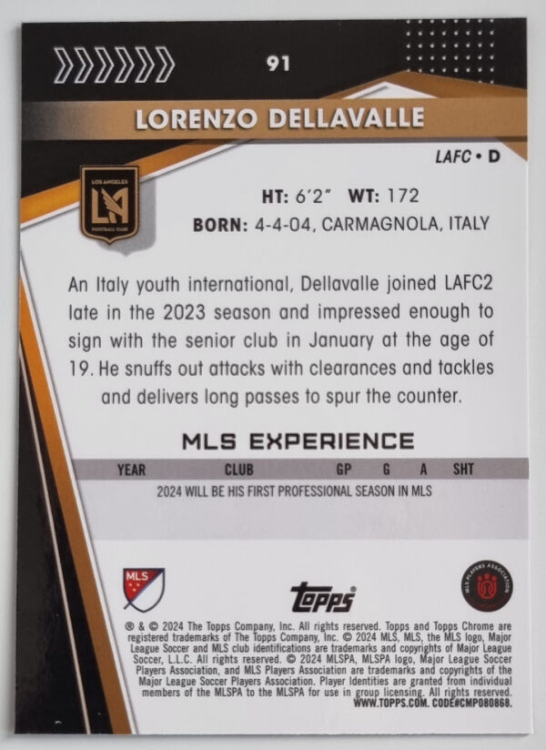 2024 Topps Chrome MLS #91 Lorenzo Dellavalle – Image 2